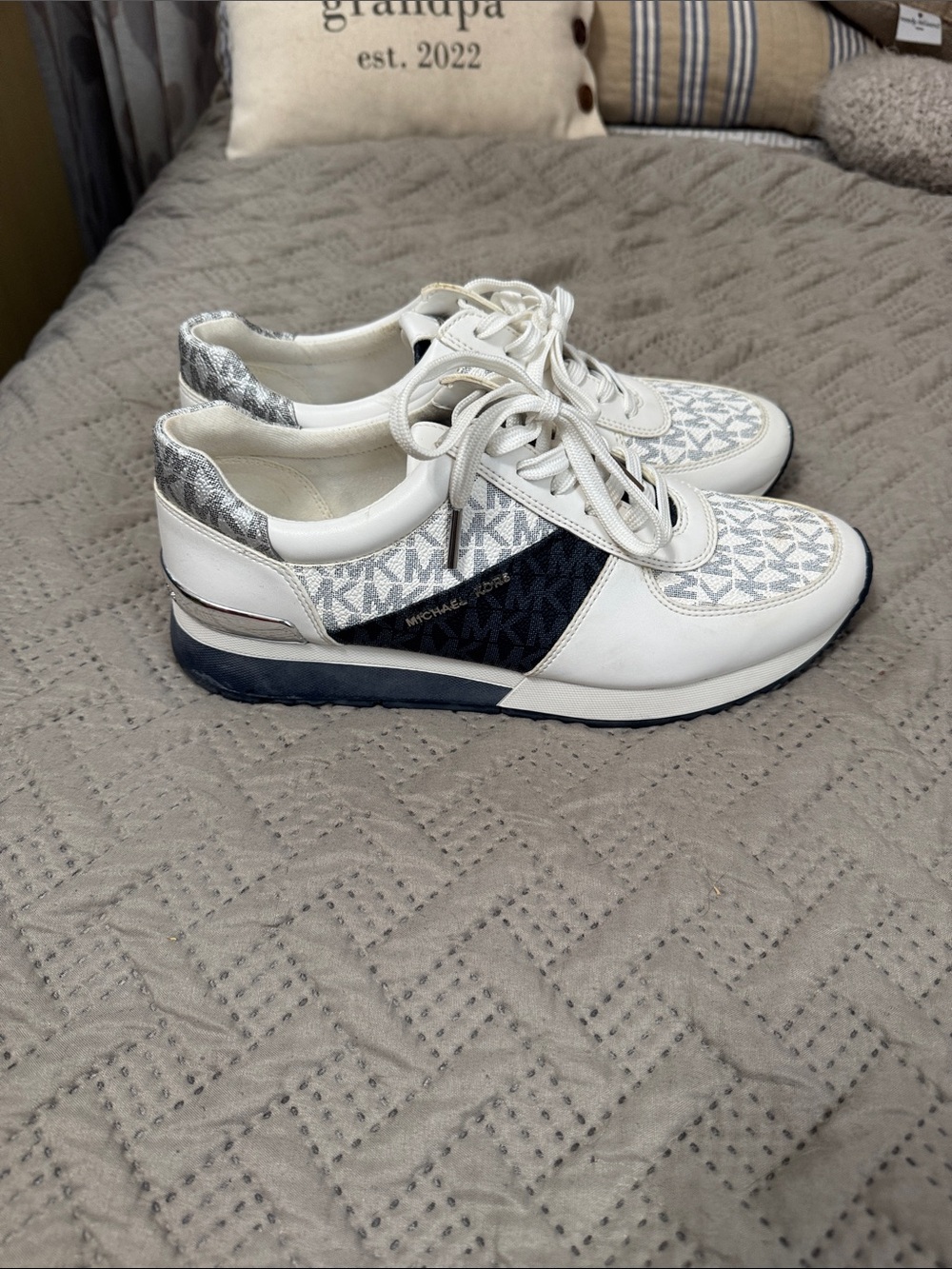 Michael Kors White and Navy MK Logo Lace-Up Sneakers - Picture 4 of 9